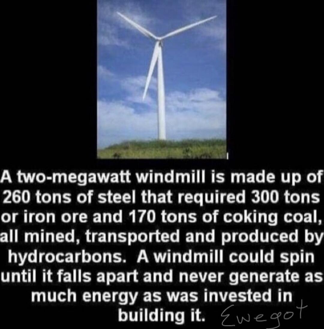 A two-megawatt windmill is made up of 260 tons of steel that required 300 tons of iron ore and 170 tons of coking coal, all mined, transported and produced by hydrocarbons. A windmill could spin until it falls apart and never generate as much energy as was invested in building it.