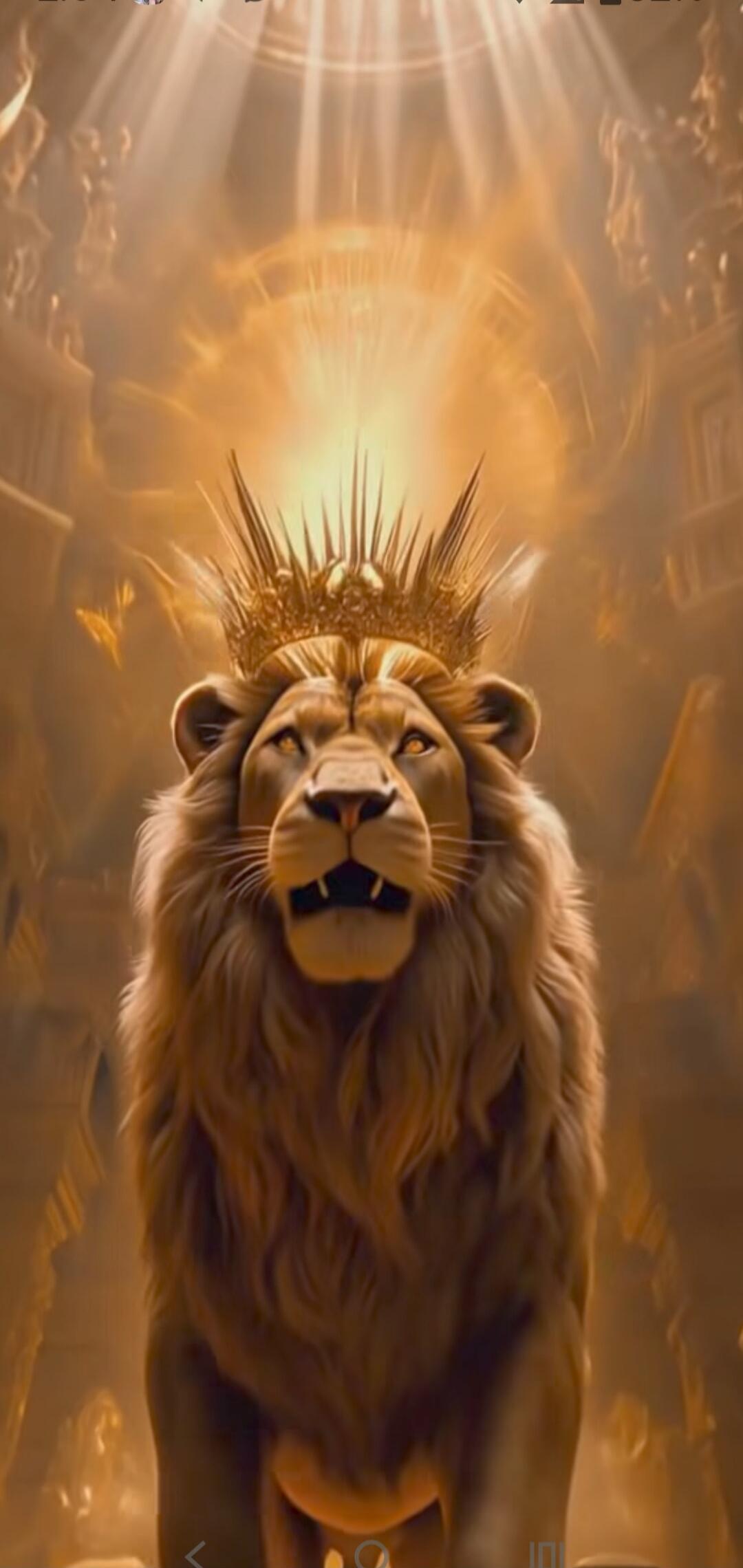 A majestic golden lion wearing a crown stands in a glowing throne room bathed in radiant light.