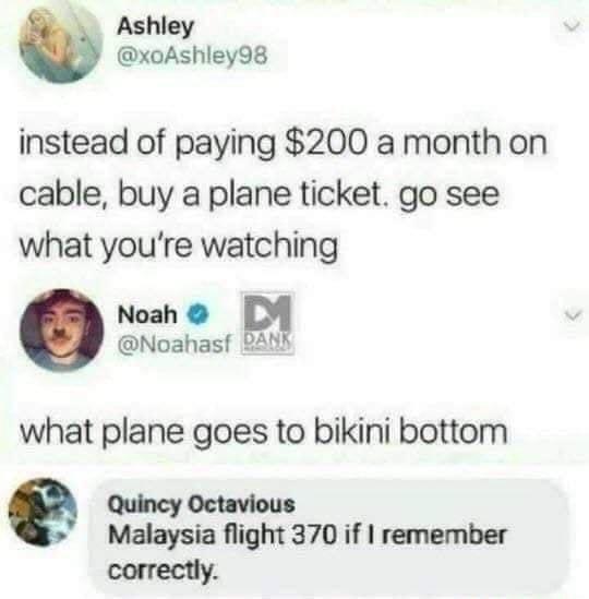 Ashley xoAshley98 instead of paying 200 a month on cable buy a plane ticket go see what youre watching Noah s B what plane goes to bikini bottom Quincy Octavious Malaysia flight 370 if remember correctly