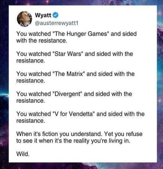 Wyatt austerrewyattl You watched The Hunger Games and sided with the resistance YYou watched Star Wars and sided with the resistance You watched The Matrix and sided with the resistance You watched Divergent and sided with the resistance You watched V for Vendetta and sided with the resistance When its fiction you understand Yet you refuse to see it when its the reality youre living in Wild