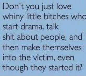 Dont you just love whiny little bitches whc start drama talk shit about people and then make themselves into the victim even though they started it