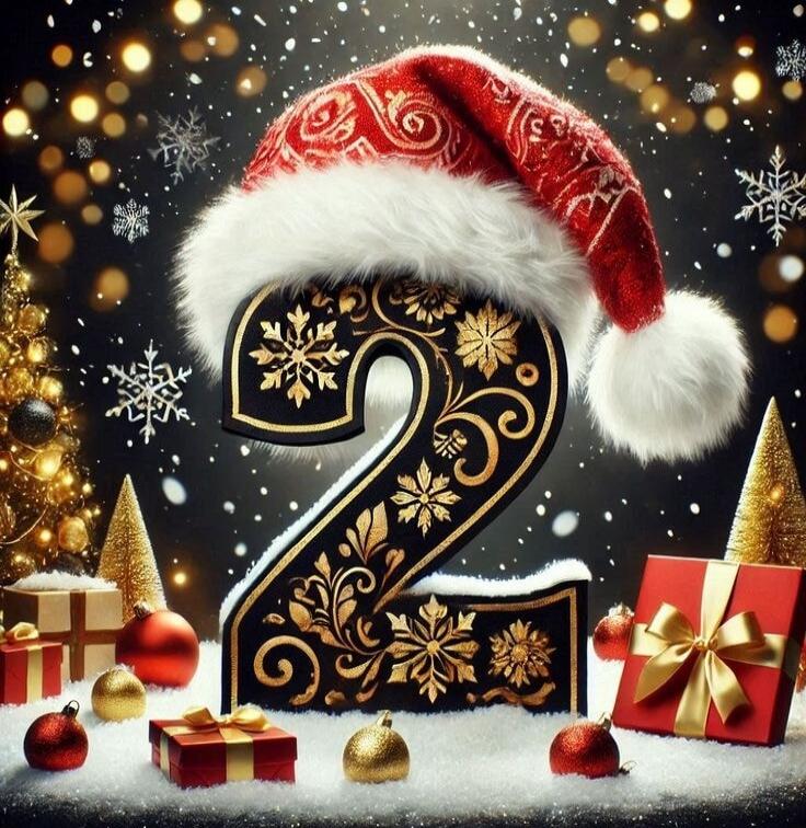 A large ornate number 2 wearing a Santa hat, surrounded by Christmas decorations and gifts.