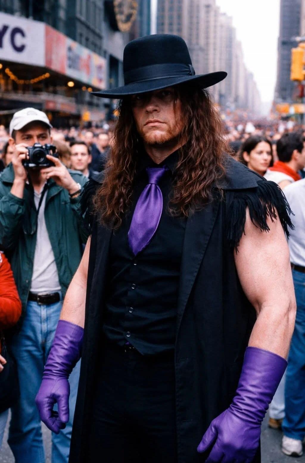 A man wearing a black hat, long hair, purple gloves, a purple tie, and a black cape stands in a crowded city street.