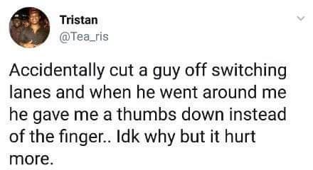 Tristan Tea_ris Accidentally cut a guy off switching lanes and when he went around me he gave me a thumbs down instead of the finger Idk why but it hurt more