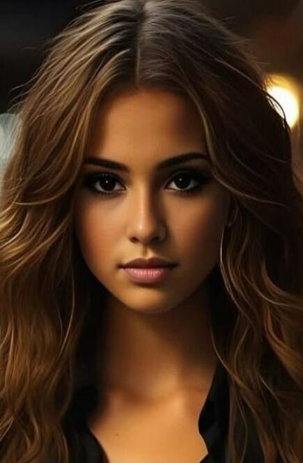 Portrait photograph of a young woman with long wavy light brown hair, looking directly at the camera.