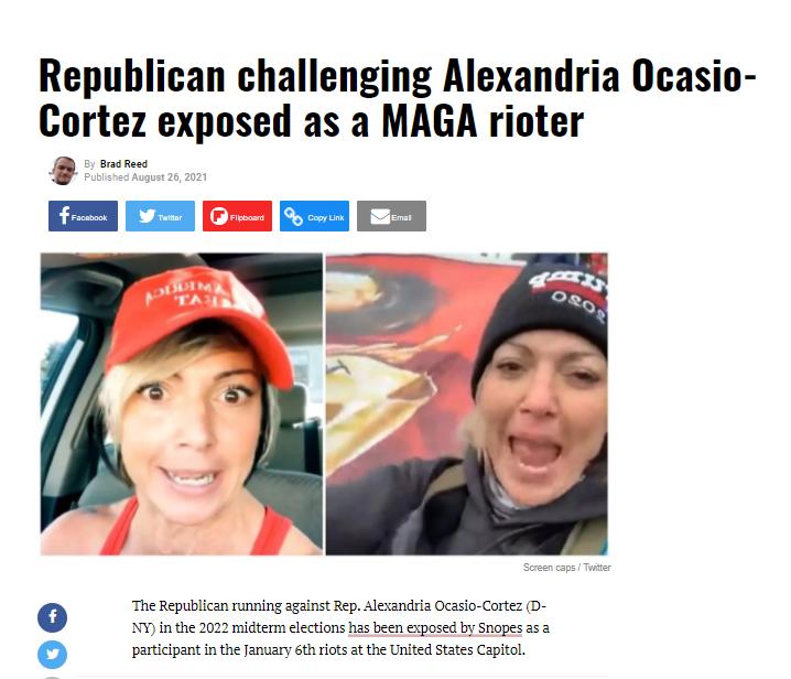 Republican challenging Alexandria Ocasio Cortez exposed as a MAGA rioter O The Republican running against Rep Alexandria Ocasio Cortez D NY in the 2022 midterm elections has been exposed by Snopes as participant in the January 6th riots at the United States Capitol 00