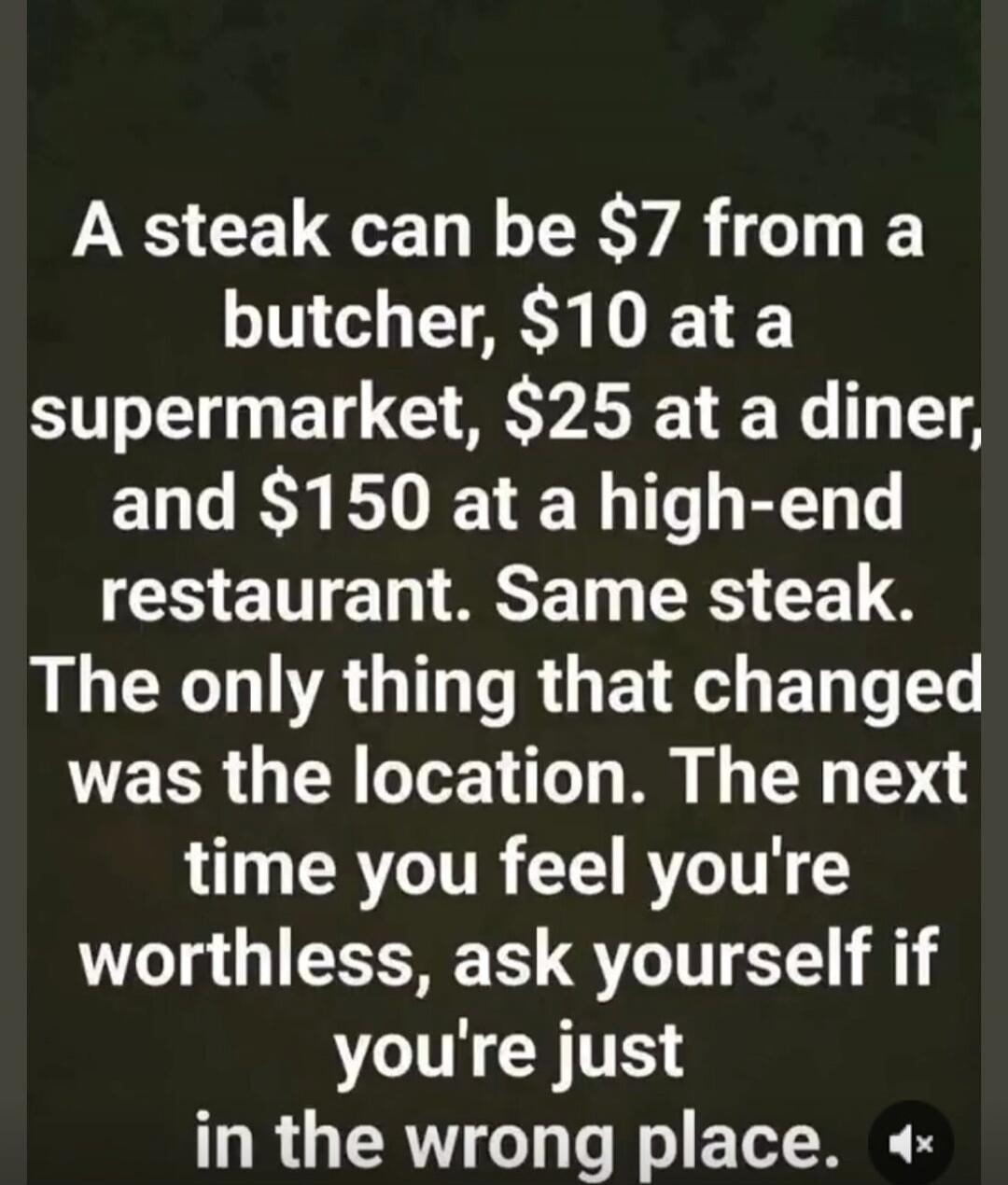 A steak can be $7 from a butcher, $10 at a supermarket, $25 at a diner, and $150 at a high-end restaurant. Same steak. The only thing that changed was the location. The next time you feel you're worthless, ask yourself if you're just in the wrong place.