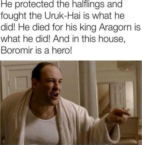 e protected the halflings and fought the Uruk Hai is what he did He died for his king Aragorn is what he did And in this house Boromir is a hero