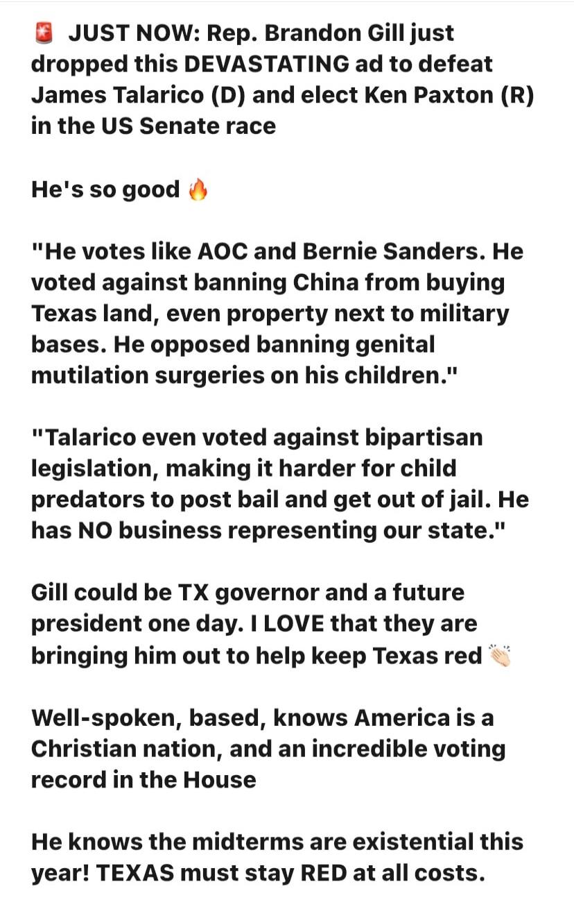 JUST NOW: Rep. Brandon Gill just dropped this DEVASTATING ad to defeat James Talarico (D) and elect Ken Paxton (R) in the US Senate race
He's so good 🔥
