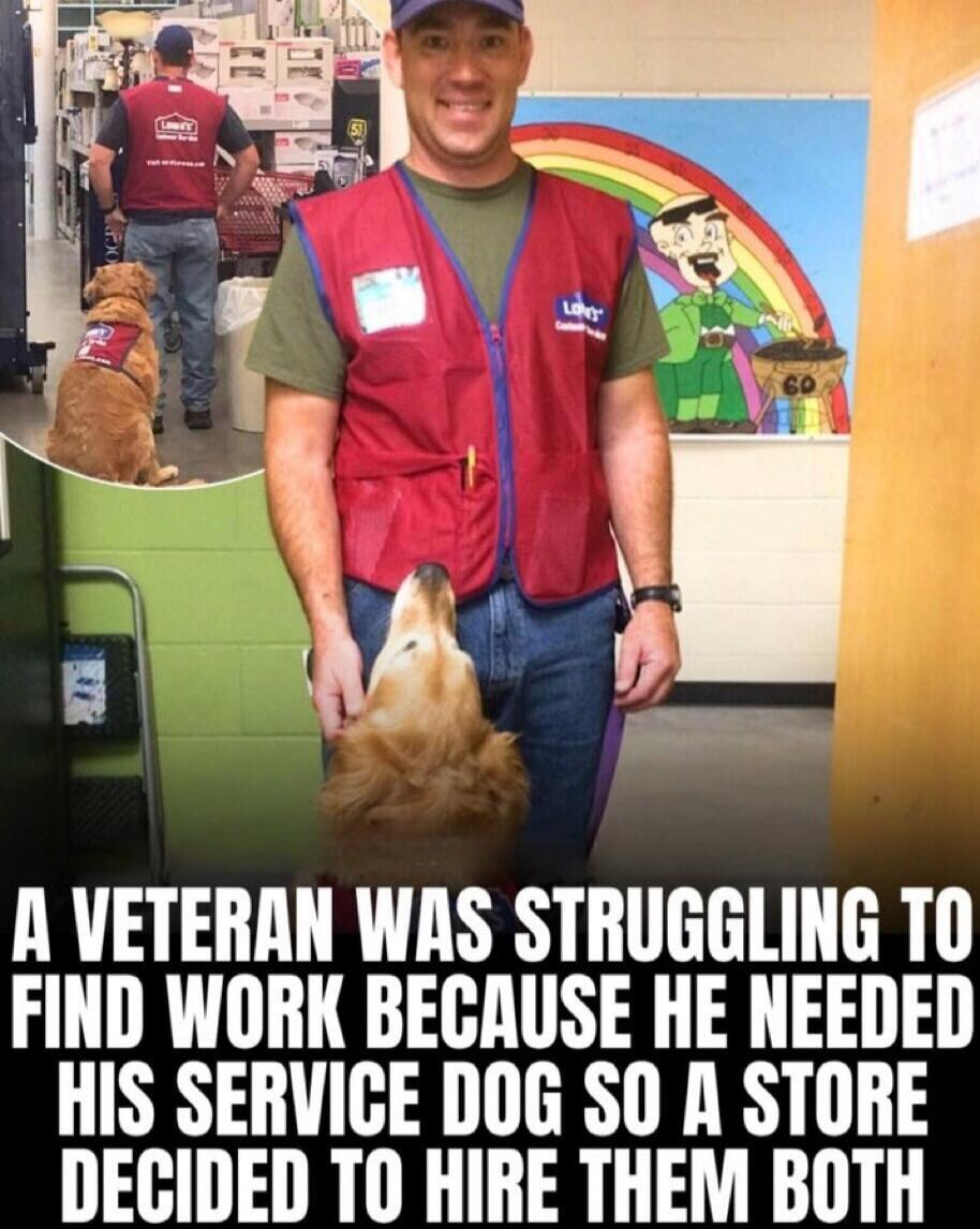 A VETERAN WAS STRUGGLING TO FIND WORK BECAUSE HE NEEDED HIS SERVICE DOG SO A STORE DECIDED TO HIRE THEM BOTH