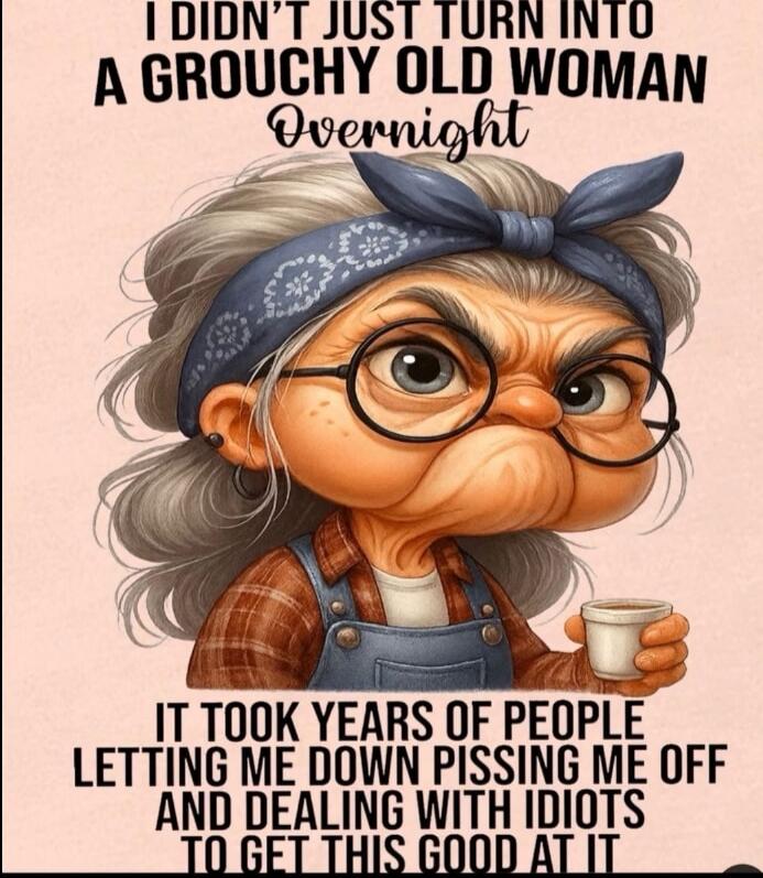 I DIDN'T JUST TURN INTO A GROUCHY OLD WOMAN Overnight IT TOOK YEARS OF PEOPLE LETTING ME DOWN PISSING ME OFF AND DEALING WITH IDIOTS TO GET THIS GOOD AT IT