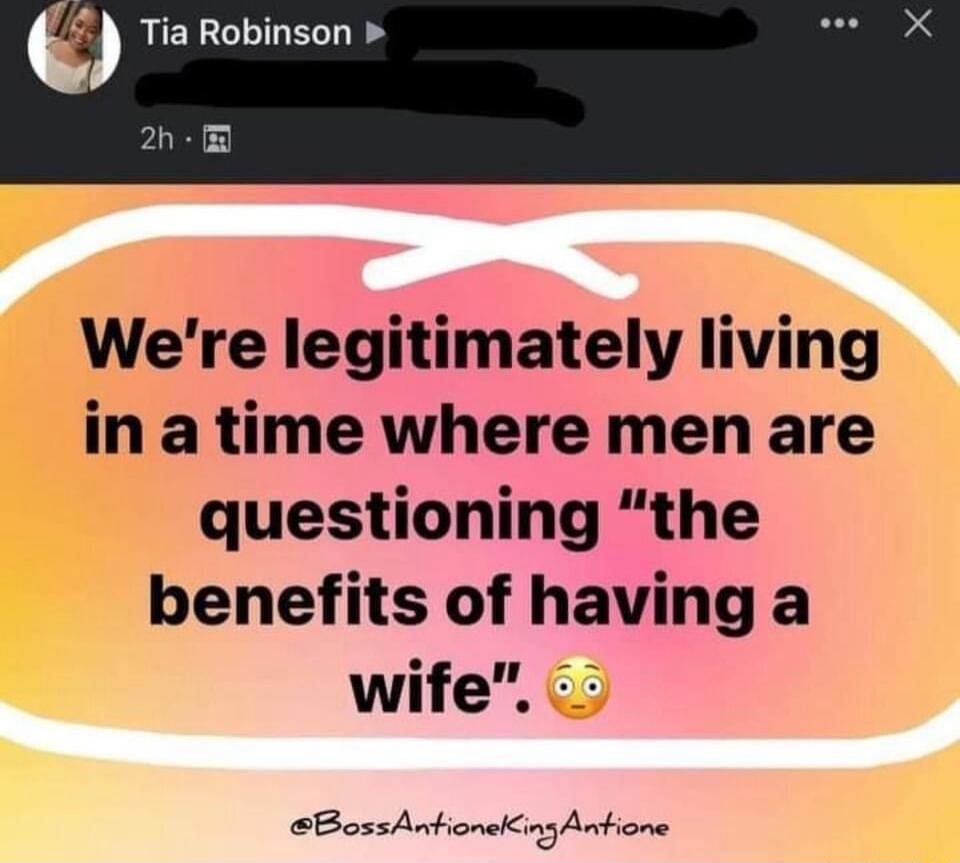 Tia Robinson Were legitimately living in a time where men are questioning the benefits of having a wife BossAntionekingArtione