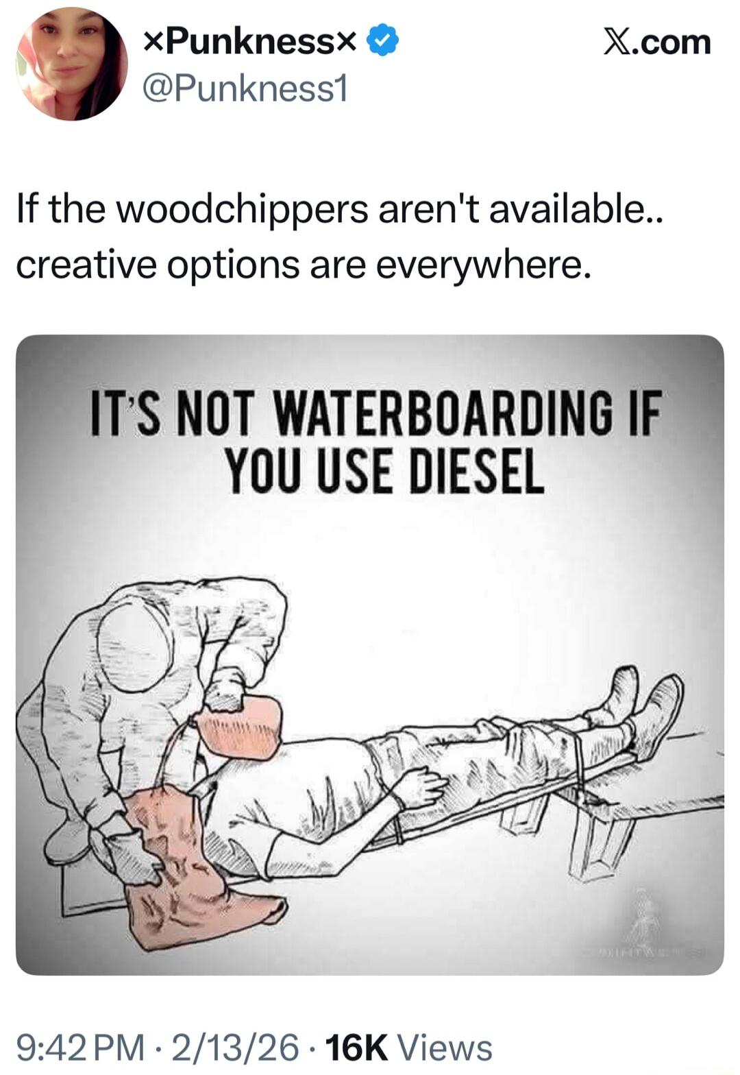 If the woodchippers aren't available.. creative options are everywhere. IT'S NOT WATERBOARDING IF YOU USE DIESEL