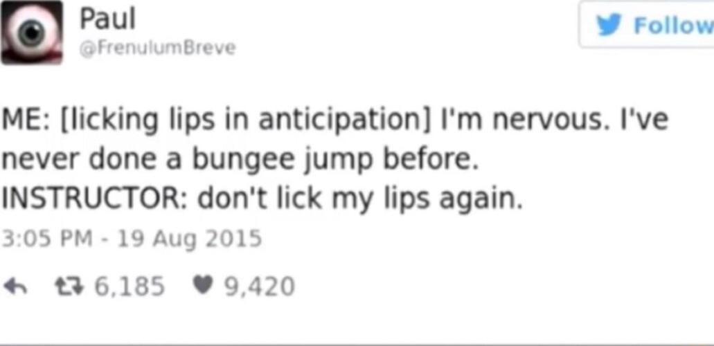 Paul W Follow ME licking lips in anticipation Im nervous Ive never done a bungee jump before INSTRUCTOR dont lick my lips again 305 PM 19 Aug 2015 936185 99420