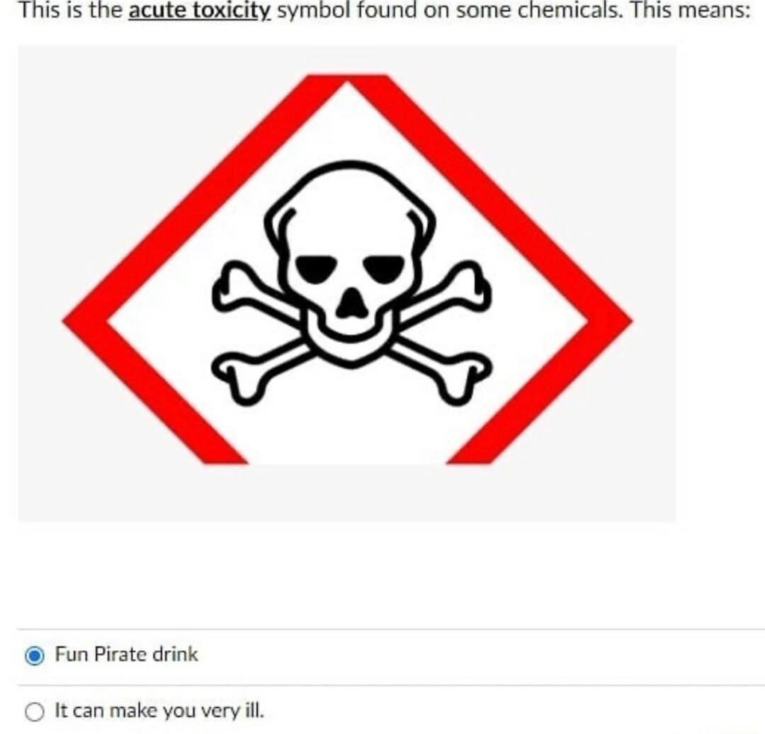 This Is the acute toxicity symbol found on some chemicals This means Fun Pirate drink tt can make you very il