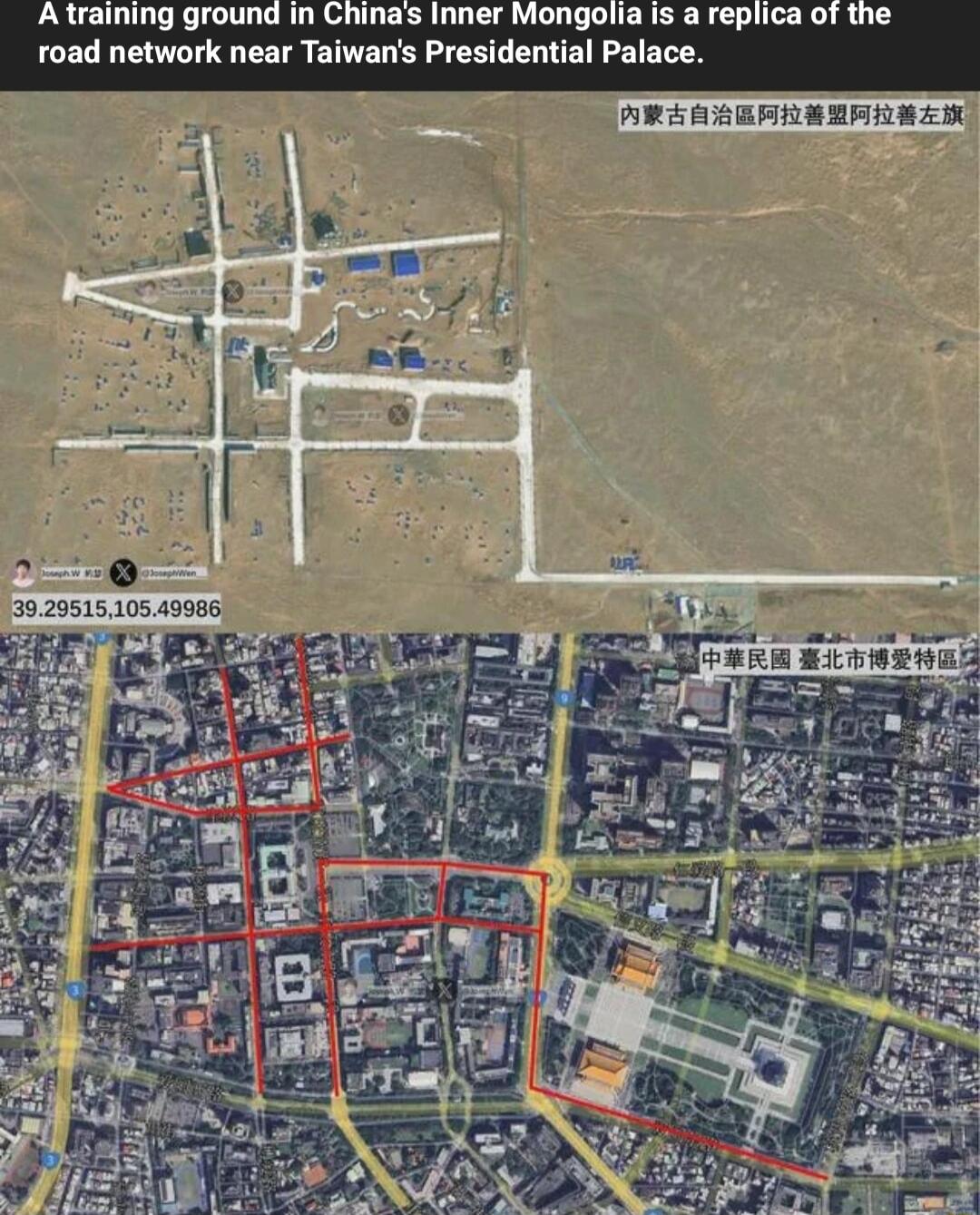 Atraining ground in Chinas inner Mongolia is a replica of the road network near Taiwans Presidential Palace
