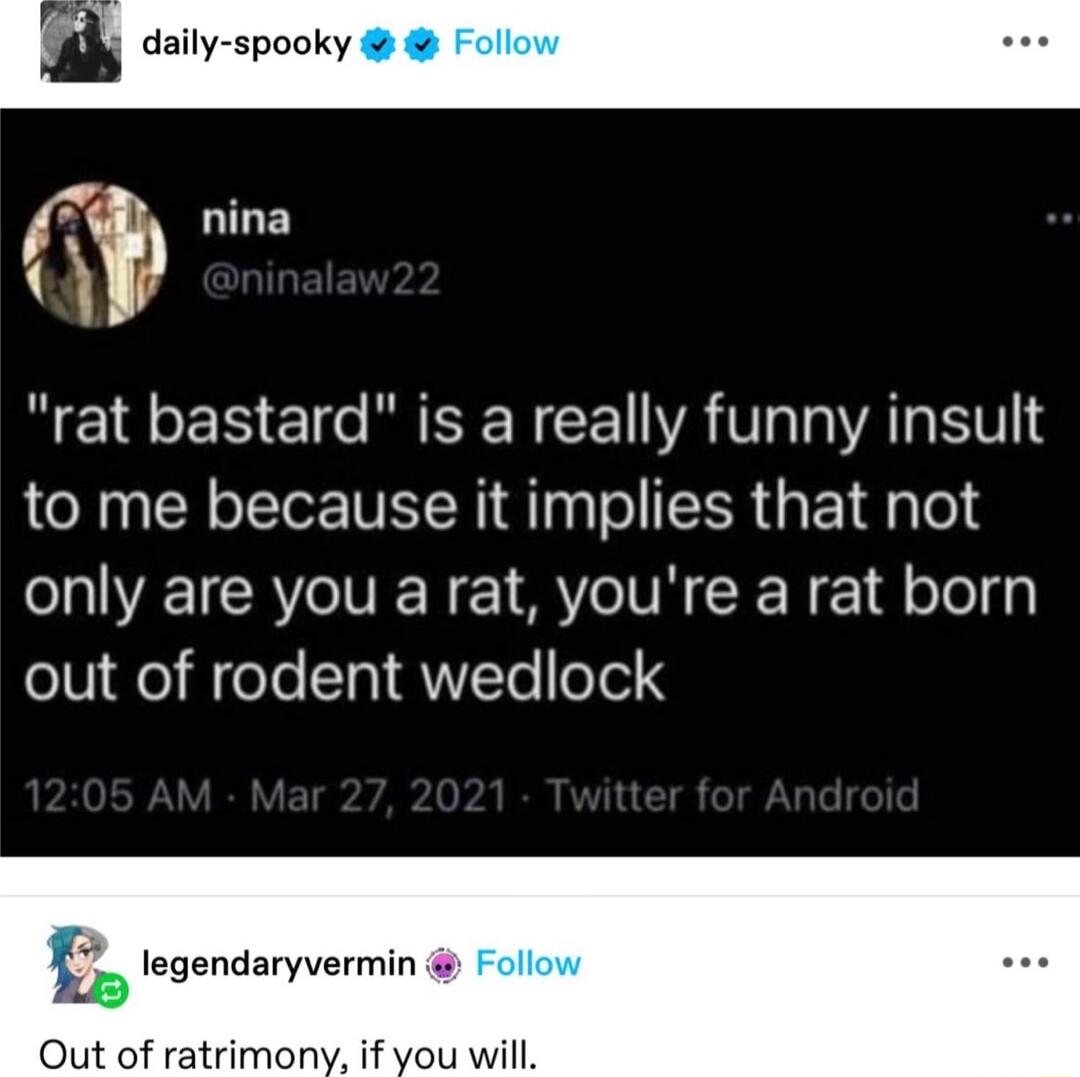 rat bastard is a really funny insult to me because it implies that not only are you a rat youre a rat born out of rodent wedlock legendaryvermin Follow Out of ratrimony if you will