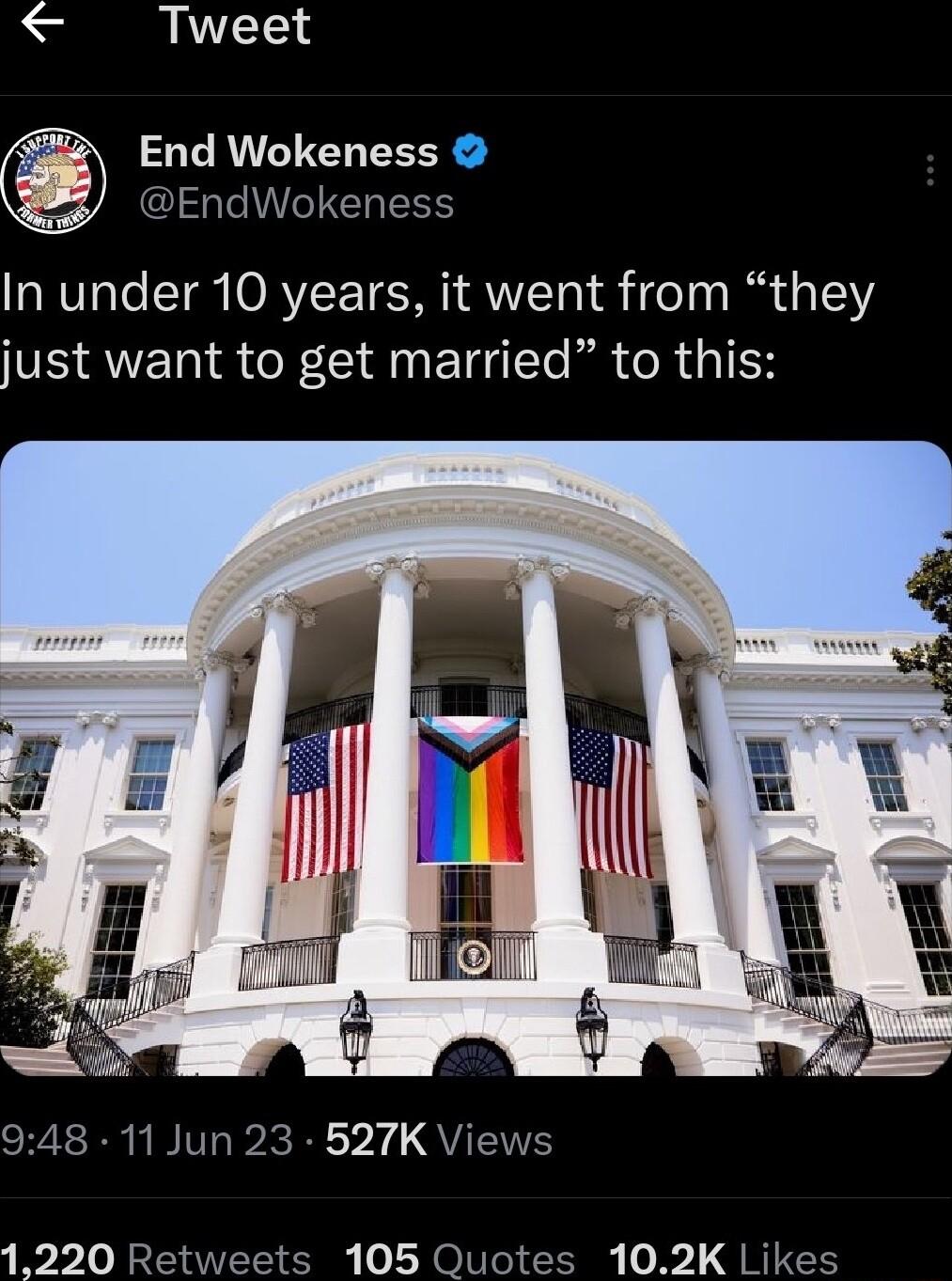 Tweet RANATEL LR I ITCTIET R In under 10 years it went from they just want to get married to this 948 11 Jun 23 527K Views 1220 Retweets 105 Quotes 102K Likes