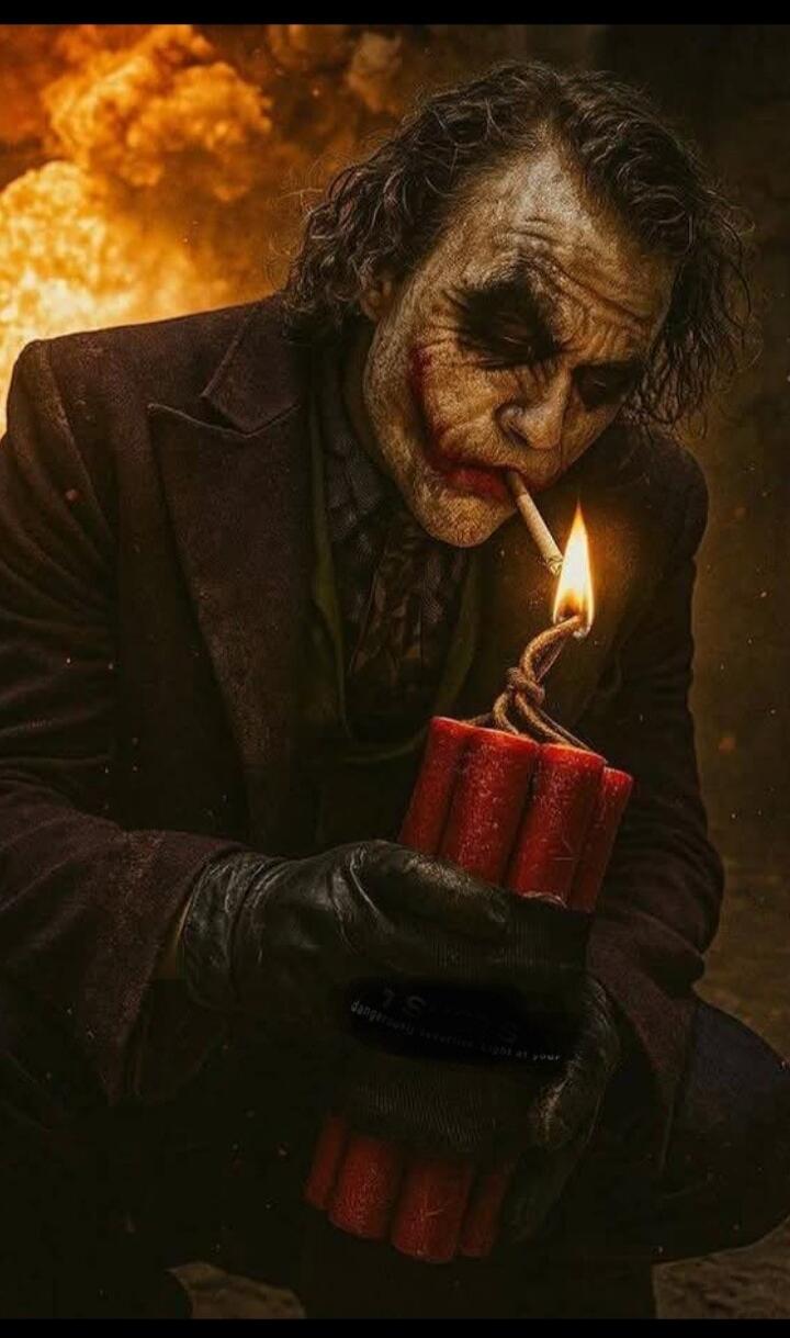 The Joker character from The Dark Knight is shown lighting a bundle of dynamite with a cigarette. An explosion is visible in the background. Faint text on the dynamite reads 'dangerous explosives. light at your'.