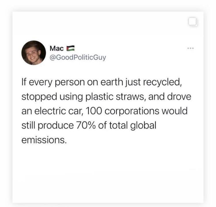 Mac E GoodPoliticGuy If every person on earth just recycled stopped using plastic straws and drove an electric car 100 corporations would still produce 70 of total global emissions