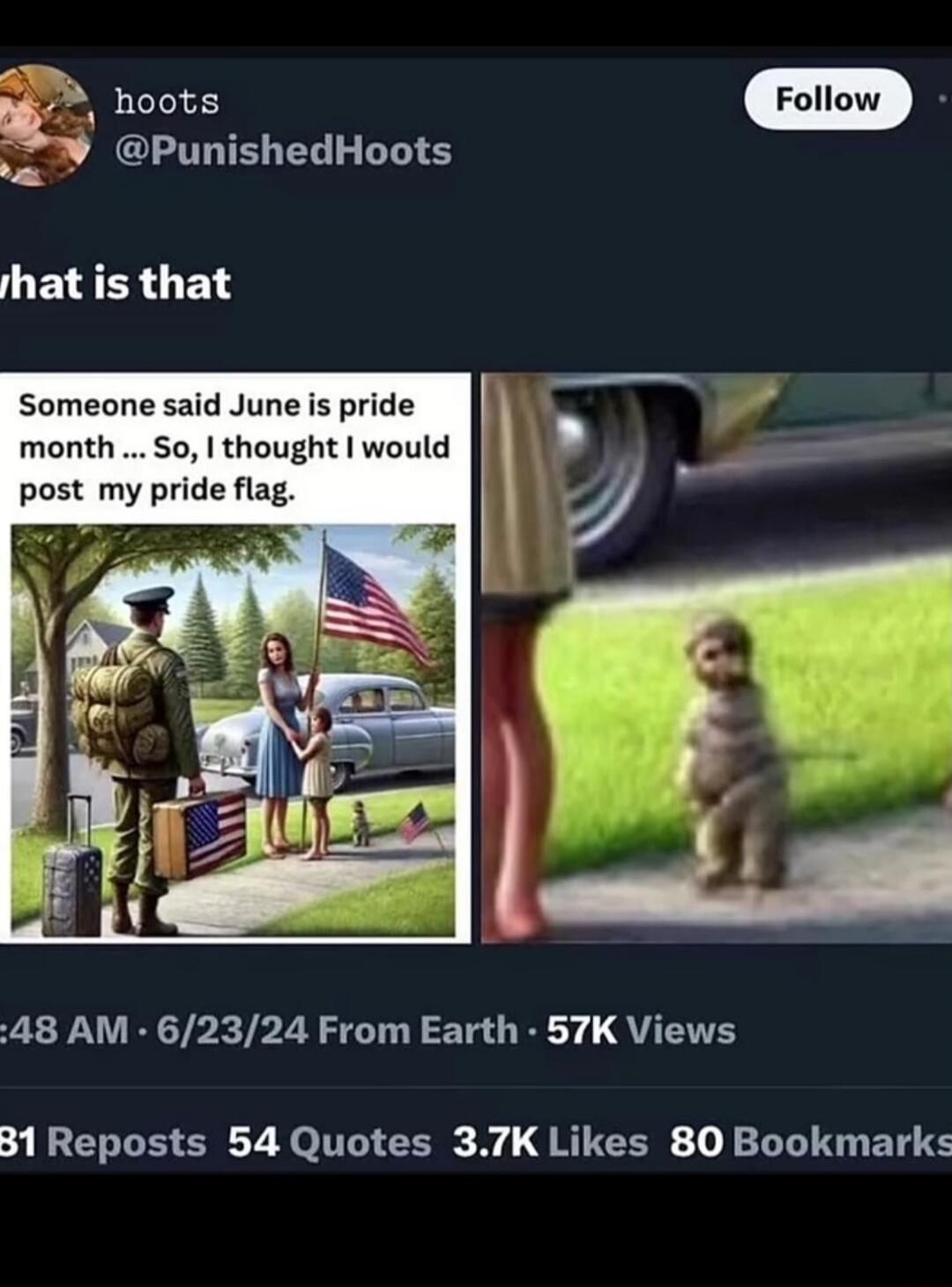 hoots @PunishedHoots Follow what is that Someone said June is pride month ... So, I thought I would post my pride flag. 8 AM · 6/23/24 From Earth · 57K Views 81 Reposts 54 Quotes 3.7K Likes 80 Bookmarks