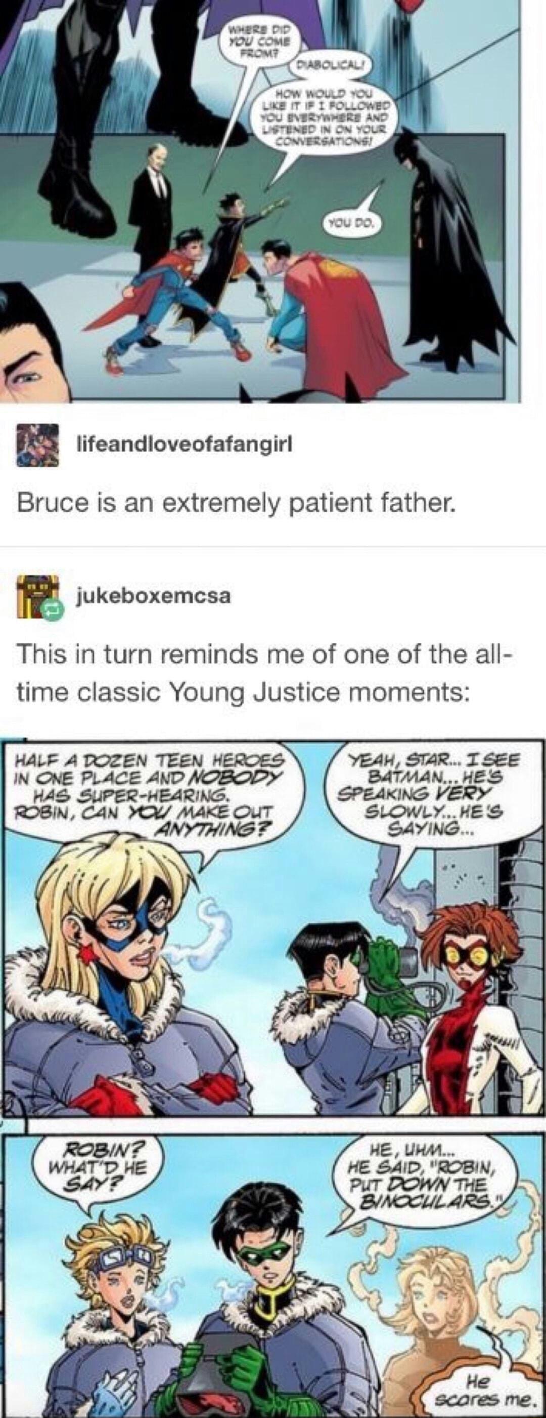 lifeandloveofafangirl Bruce is an extremely patient father B jukeboxemcsa This in turn reminds me of one of the all time classic Young Justice moments HALF A DOZEN TEEN HERCES r IEEEE IN ONE PLACE AND NOBODY N i HAS SUPER HEARING SPEAKING VERY ROBIN CAN YU MAKE OuT SLOWLY HES ANYTHING 7 SAYING