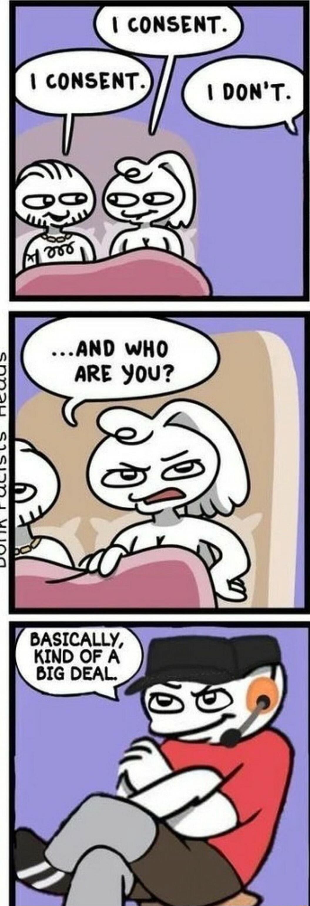 I CONSENT. I CONSENT. I DON'T. 
...AND WHO ARE YOU? 
BASICALLY, KIND OF A BIG DEAL