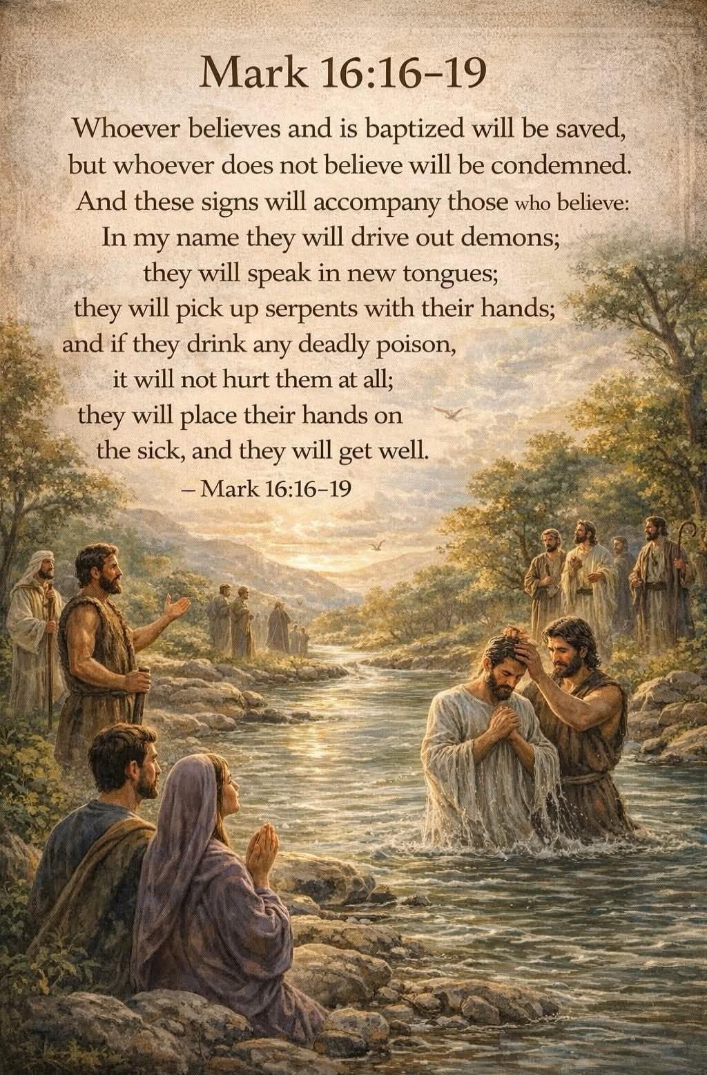 Mark 16:16-19. Whoever believes and is baptized will be saved, but whoever does not believe will be condemned. And these signs will accompany those who believe: In my name they will drive out demons; they will speak in new tongues; they will pick up serpents with their hands; and if they drink any deadly poison, it will not hurt them at all; they w