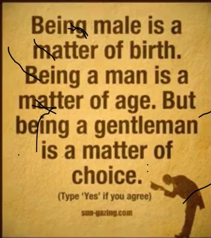 Being male is a matter of birth ingamanisa er of age But tng a gentleman 5 is a matter of choice Type Yes if you agree sus garing com