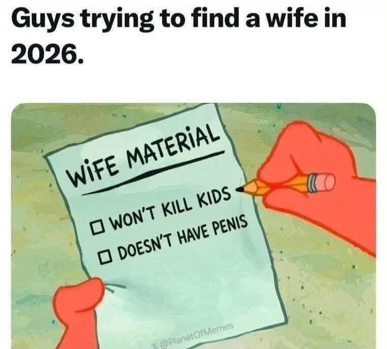 Guys trying to find a wife in 2026. WIFE MATERIAL WON'T KILL KIDS DOESN'T HAVE PENIS