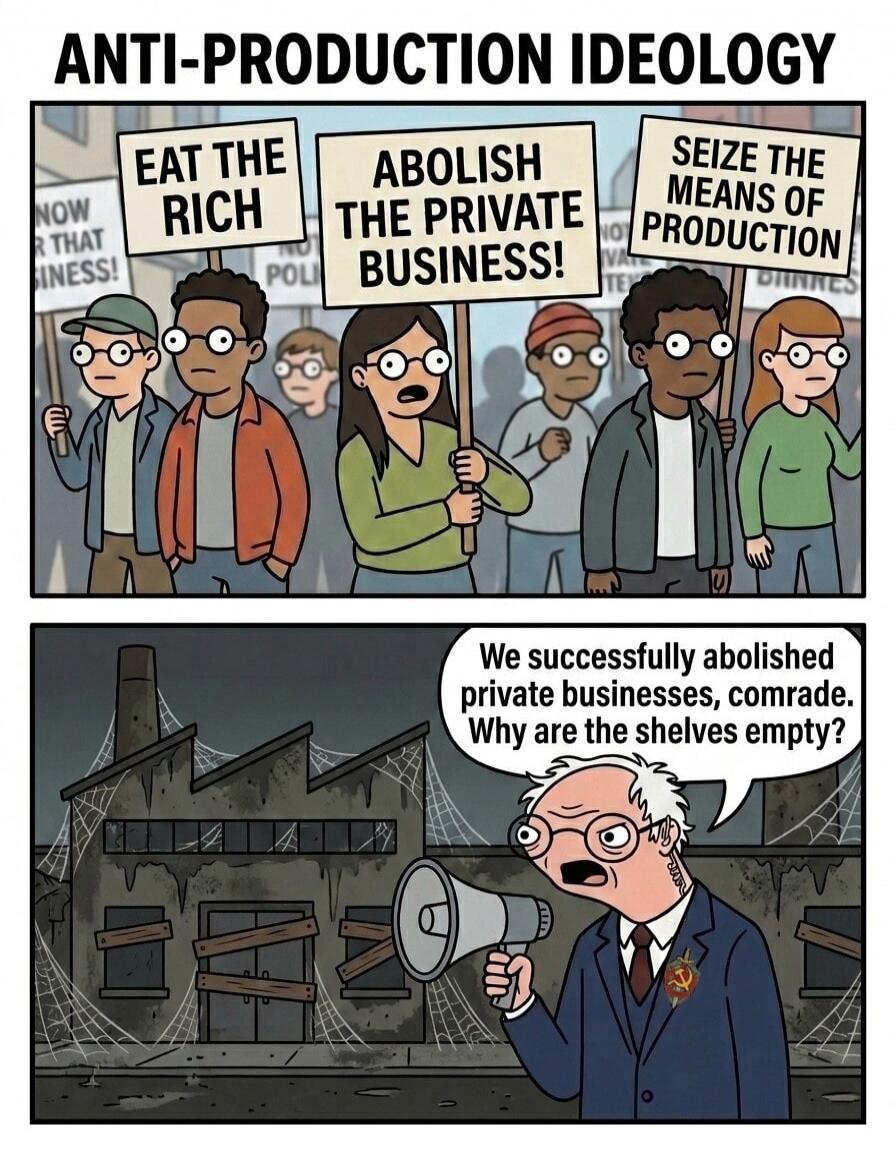 ANTI-PRODUCTION IDEOLOGY. EAT THE RICH. ABOLISH THE PRIVATE BUSINESS! SEIZE THE MEANS OF PRODUCTION. We successfully abolished private businesses, comrade. Why are the shelves empty?