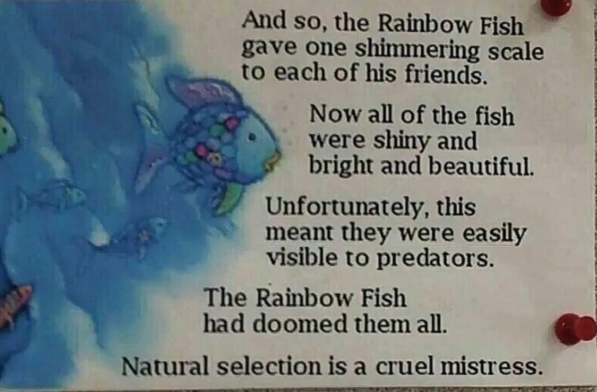 And so the Rainbow Fish w gave one shimmering scale to each of his friends i i Now all of the fish i were shiny and s 4 bright and beautiful 1 2 Unfortunately this i meant they were easily P visible to predators The Rainbow Fish had doomed them all i Natural selection is a cruel mistress