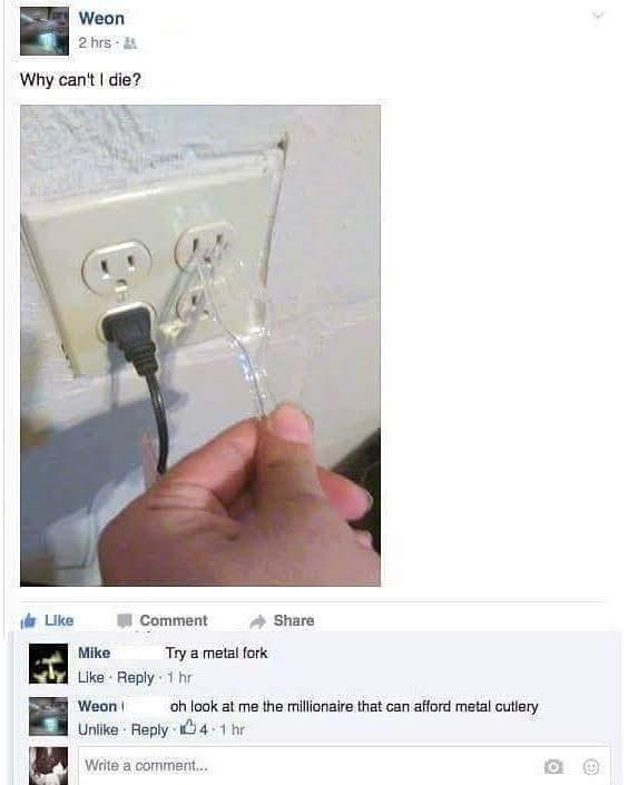 Why cant die Chen Lke W Comment 4 Share Mike Try metal fork Like Reply 1 hr Weon ohlook at me the millionaire that can afford metal cutlery Uniike Reply 4 1 hr