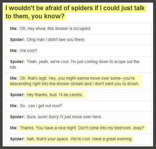 Me Oh hey whoa this shower s occupied Spider Omg man didnt see you there Me We cool spider Yeah yeah were cool Im just coming down to scope out the tub Me Oh thats legit Hey you might wanna move over someyoure descending right into the shower stream and dont want you to drown Spider Hey thanks bud Il be careful Me So_can get out now spider Sure sure Sorry Il just move over here Me Thanks You have 