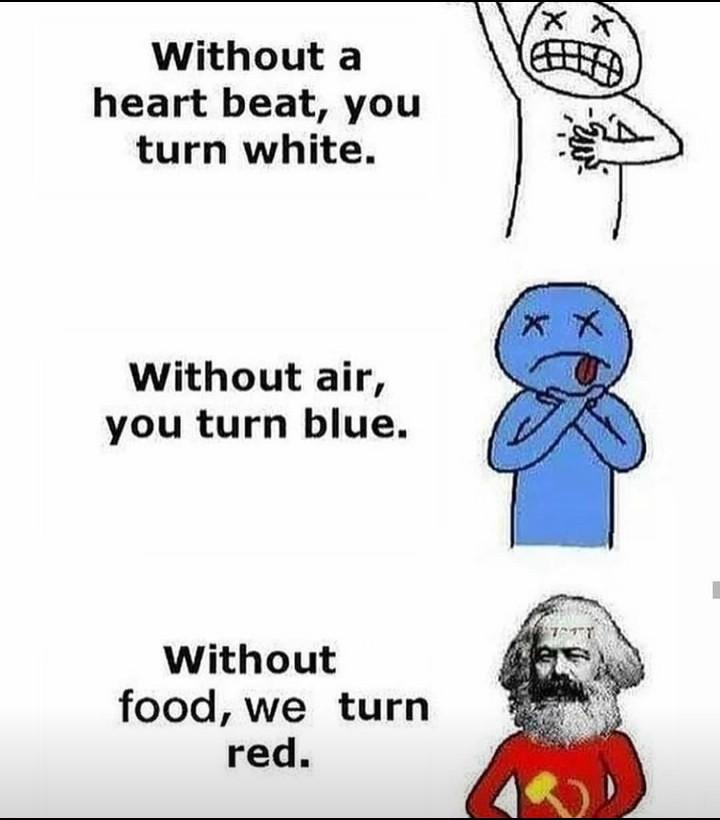 Without a heart beat you turn white Without air you turn blue Without food we turn red