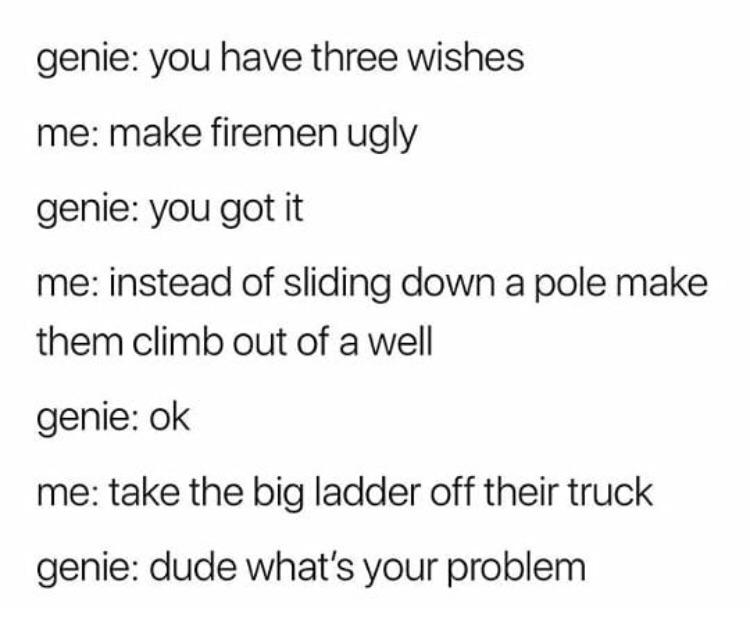 genie you have three wishes me make firemen ugly genie you got it me instead of sliding down a pole make them climb out of a well genie ok me take the big ladder off their truck genie dude whats your problem