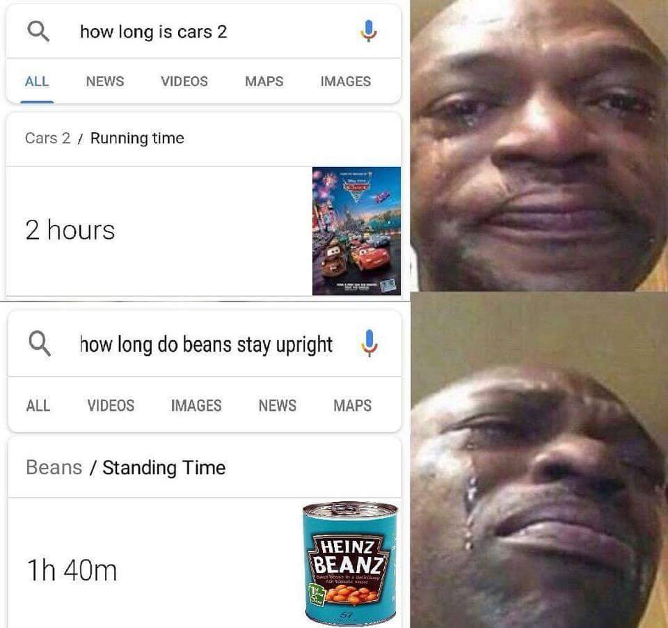 Q howlongis cars 2 L ALL NEWS VIDEOS MAPS IMAGES Cars 2 Running time 2 hours Q how long do beans stay upright 5 ALL VIDEOS IMAGES NEWS MAPS Beans Standing Time 1h 40m