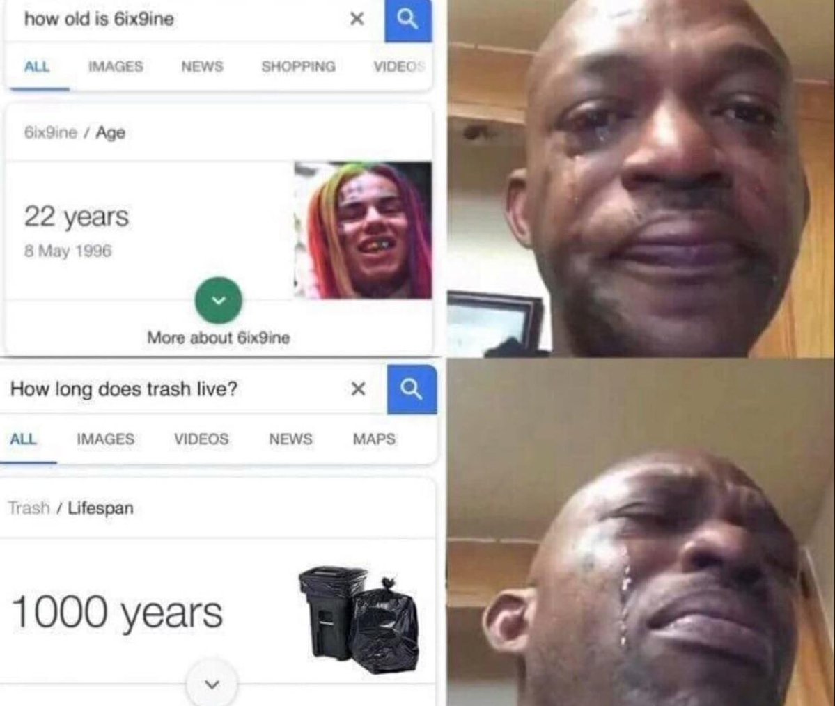 how old is 6ix9ine X ALL IMAGES NEWS SHOPPING VIDEC 6ix9ine Age 22 years 8 May 1996 More about 6ix9ine How long does trash live X ALL IMAGES VIDEOS NEWS MAPS Trash Lifespan 1000 years