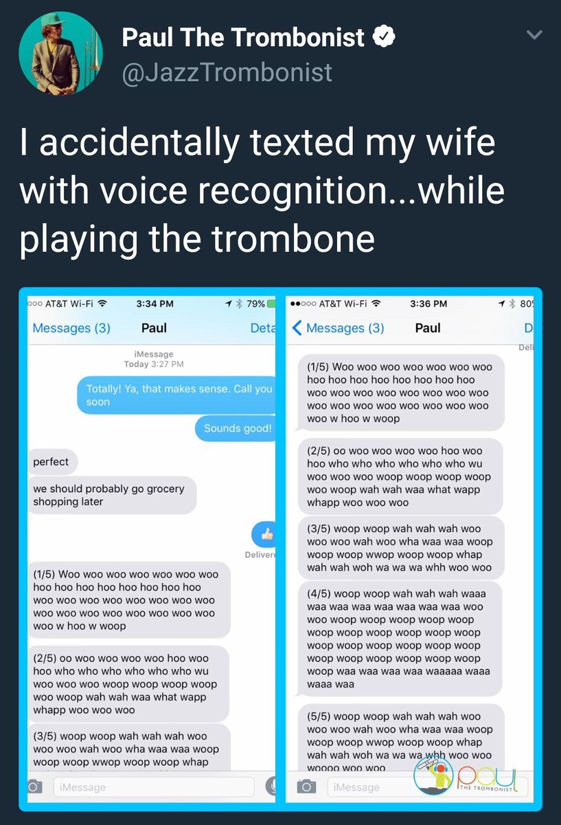CET R RS K NEY241epaloJelaIEys accidentally texted my wife with voice recognition SIEVIIaleRaRigelaglologlE ATT Wi Fi 334PM Messages 3 Paul perfect we should probably go grocery shopping later 15 Woo woo woo Woo Woo wWoo woo hoo hoo hoo hoo hoo hoo hoo hoo WOO W00 W00 WOO W00 WOO WOO W00 WOO WOO WO WOO W00 WOO WOO W00 woo w hoo w woop 25 00 W0 WO W00 Woo hoo woo hoo who who who who who who wu W00 