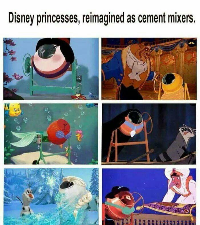 Disney princesses reimagined as cement mixers