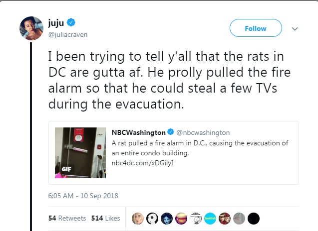 juju juliacraven I been trying to tell yall that the rats in DC are gutta af He prolly pulled the fire alarm so that he could steal a few TVs during the evacuation NBCWashington Aratpulled 2 fire alam in DC causing the evacuation of an entire condo building nbcddccomxDGilyl washington AM 10 Sep 2018 saRetweets S1alikes C