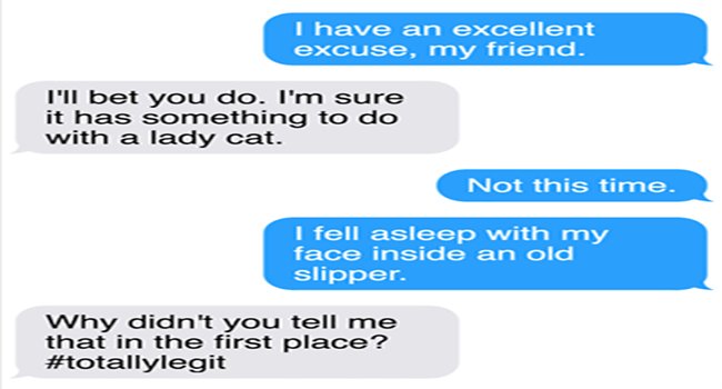 I have an excellent excuse my friend 1Ill bet you do Im sure it has something to do with a lady cat Not this time 1 fell asleep with my face inside an old slipper Why didnt you tell me that in the first place totallylegit