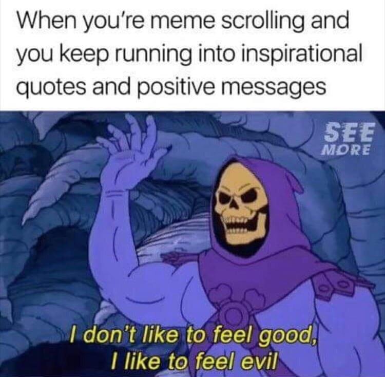 When youre meme scrolling and you keep running into inspirational quotes and positive messages Idont like to feel gooa like to feelfevil