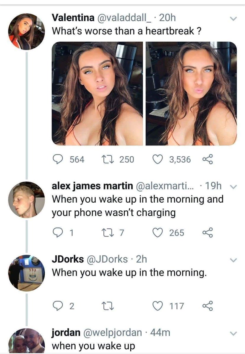 Valentina valaddall_ 20h Whats worse than a heartbreak O 564 11250 Q 3536 alex james martin alexmarti 19h When you wake up in the morning and your phone wasnt charging O 1 nm 7 Q 265 L JDorks JDorks 2h When you wake up in the morning Oz o Q117 jordan welpjordan 44m when you wake up