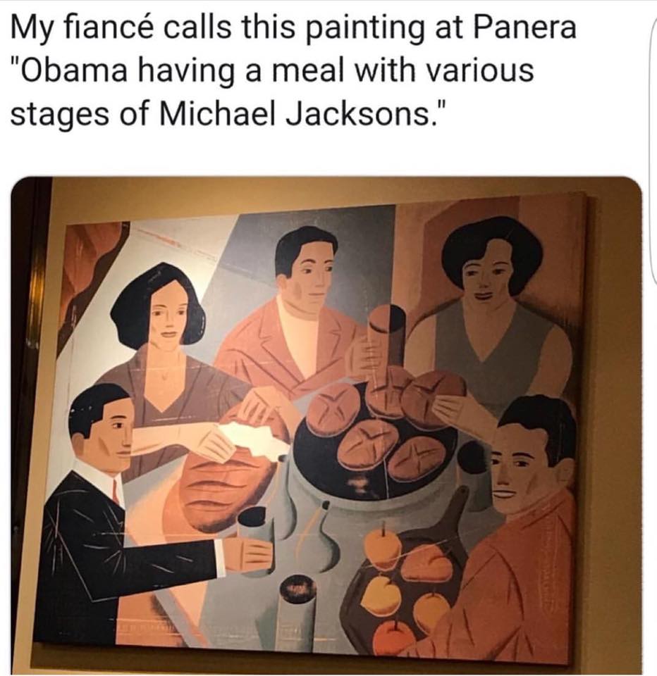 My fianc calls this painting at Panera Obama having a meal with various stages of Michael Jacksons