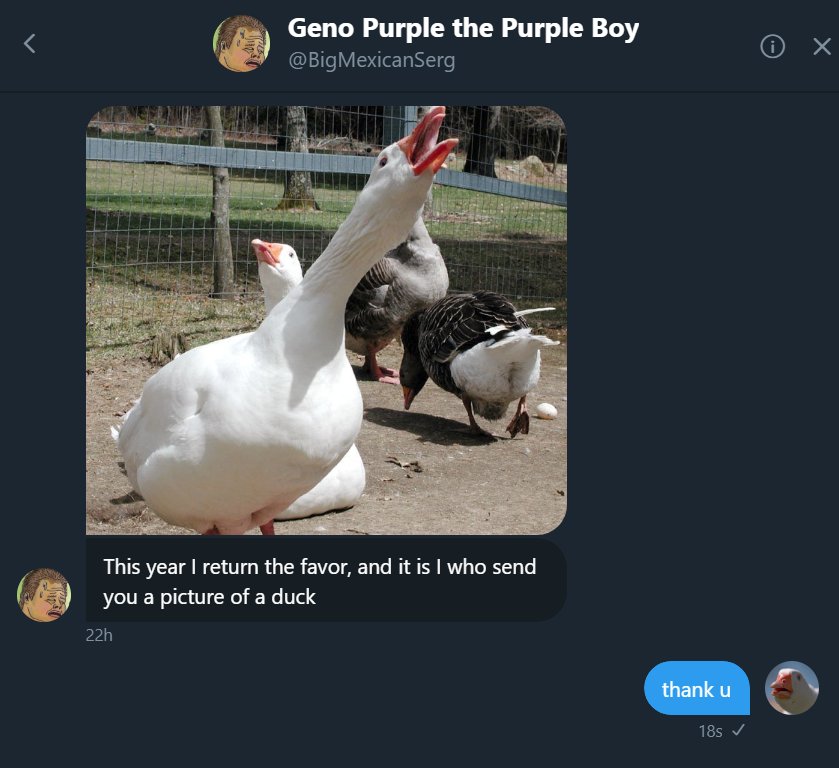 1 Geno Purple the Purple Boy BigMexicanSerg This year return the favor and it is who send you a picture of a duck prl