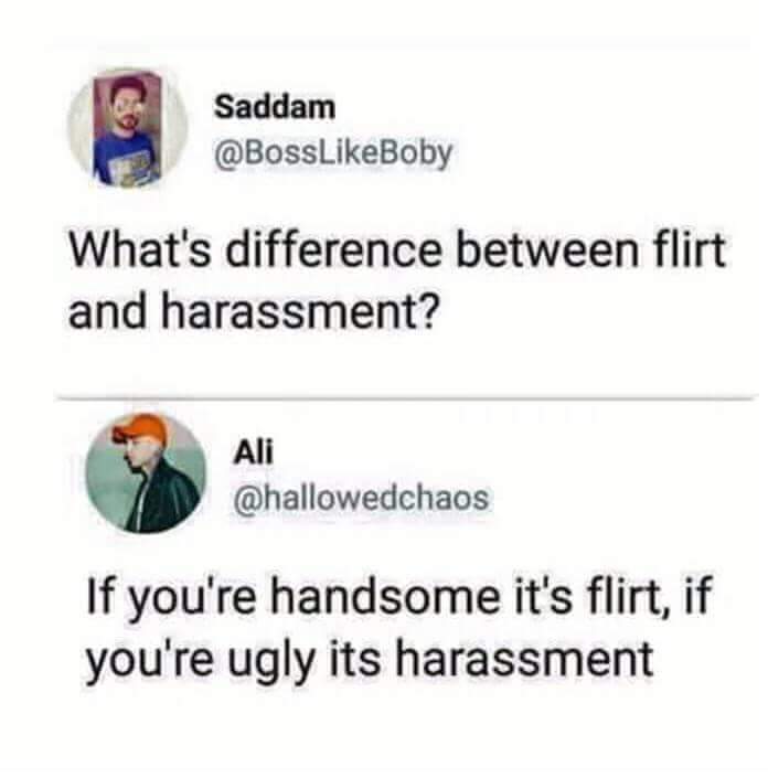 Saddam BossLikeBoby Whats difference between flirt and harassment L Ali hallowedchaos If youre handsome its flirt if youre ugly its harassment