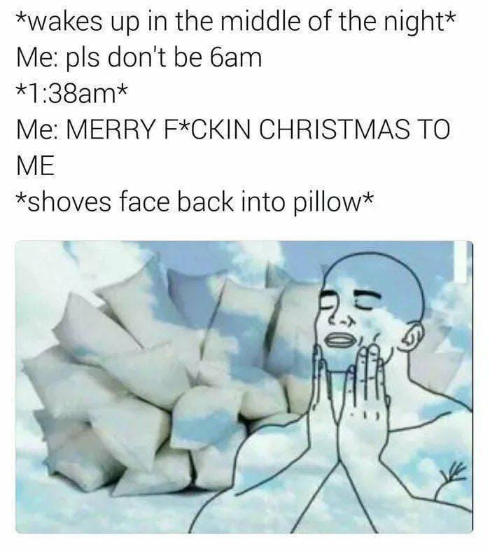 wakes up in the middle of the night Me pls dont be 6am 138am Me MERRY FCKIN CHRISTMAS TO ME shoves face back into pillow