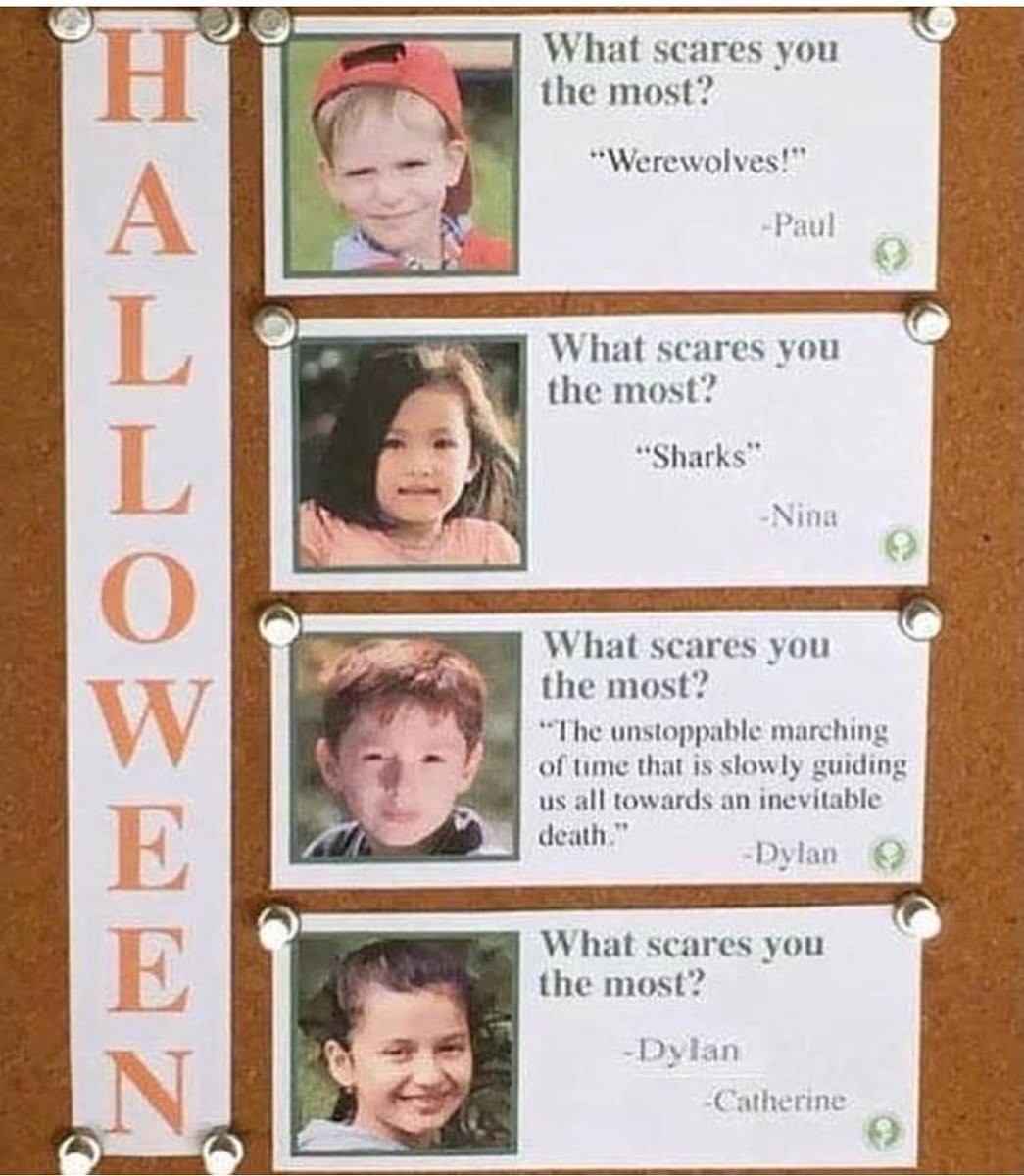 What scares you the most Werewolves Paul What scares you the most Sharks Nina What scares you the most The unstoppable marching of time that is slowly guiding us all towards an inevitable death Dylan What scares you the most Dylan Catherine