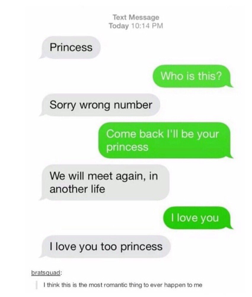 Text Message Today 1014 PM Who is this Sorry wrong number Princess Come back Ill be vour We will meet again in another life love you too princess bratsquad think this is the most romantic thing to ever happen to me